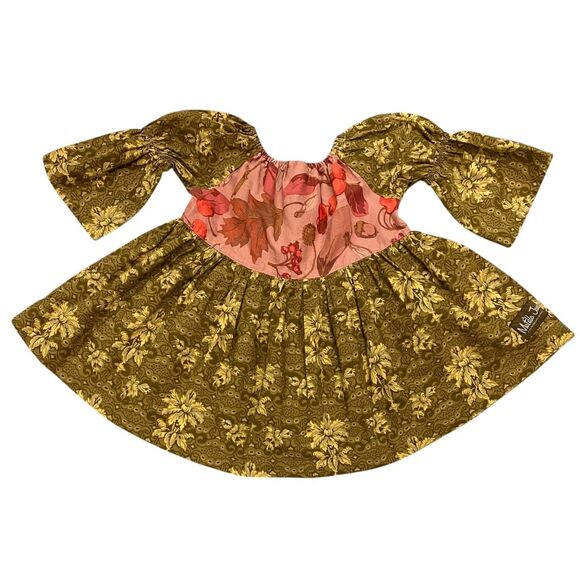 MATILDA JANE Calico Peasant Top Dress Olive Green/Pink Mauve Wood Button Sz 4 - Picture 3 of 5